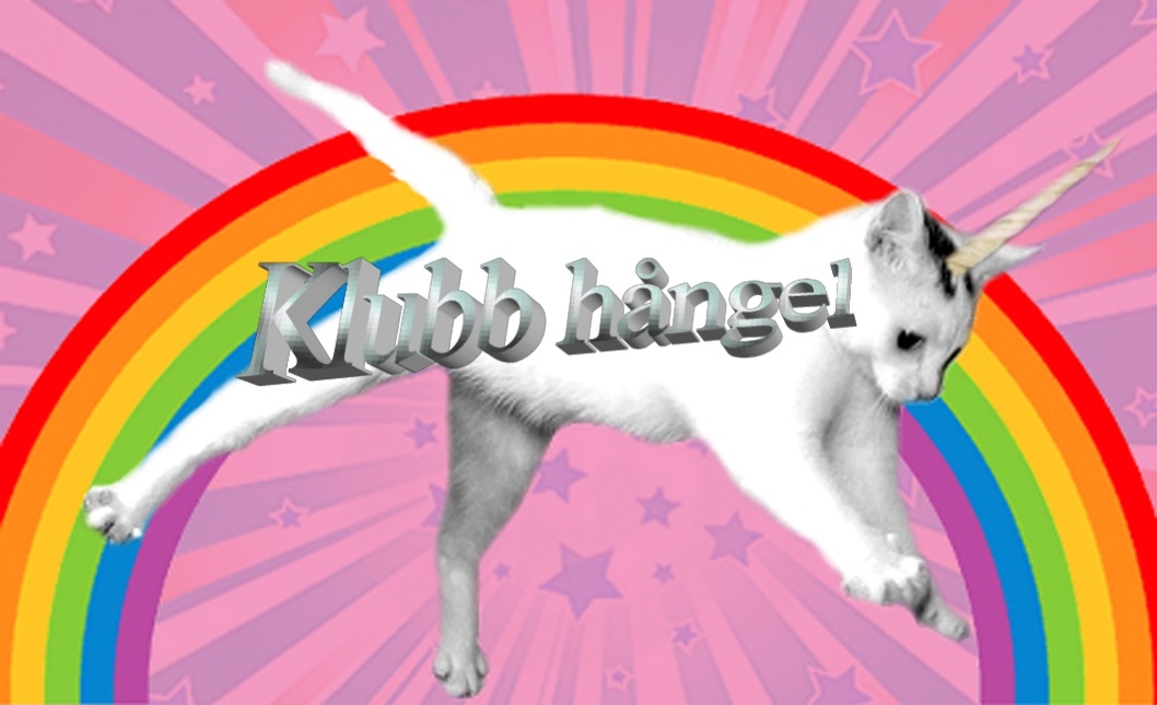 En vit katt med ett enhörningshorn som hoppar fram för en regnbåge. Framför syns texten Klubb Hångel i gråa bokstäver