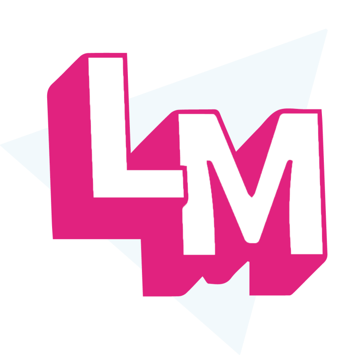 lm logga rosa blockbokstäver mot ljusblå triangel