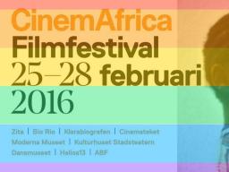 Texten "CinemAfrica Filmfestival 25-28 februari 2016, Zita | Bio Rio | Klarabiografen | Cinemateket | Moderna Museet | Kulturhuset Stadsteatern | Dansmuseet | Helios13 | ABF" mot en regnbågsfärgad bakggrund.