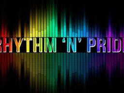 Texten "Rhythm 'n' Pride" i regnbågsfärger mot en svart bakgrund.