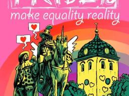 Festivalaffischen till Uddevalla Pride 16 - make equality reality med statyer med regnbågen i bakgrunden.