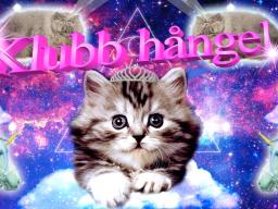 En katt i rymden med en tiara, katter med enhörningshorn, enhörningar. Texten "Klubb Hångel" i stora rosa bokstäver som gnistrar. 