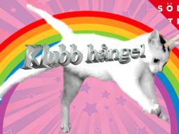 Bild på en katt med ett enhörnings-horn framför en regnbåge. Ovanför står det Klubb Hångel. I övre högra hörnet står det Södra Teatern.