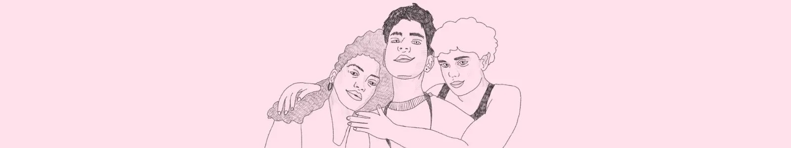 Tre personer som håller om varandra